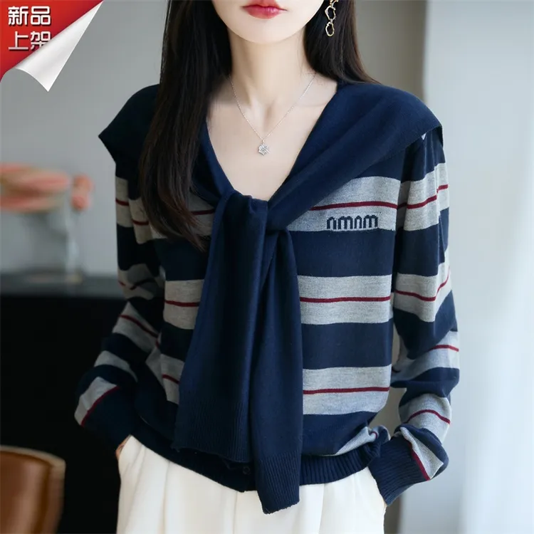 哥弟阿玛施官方新款早秋撞色条纹羊毛衫洋气搭肩百搭长袖针织衫
