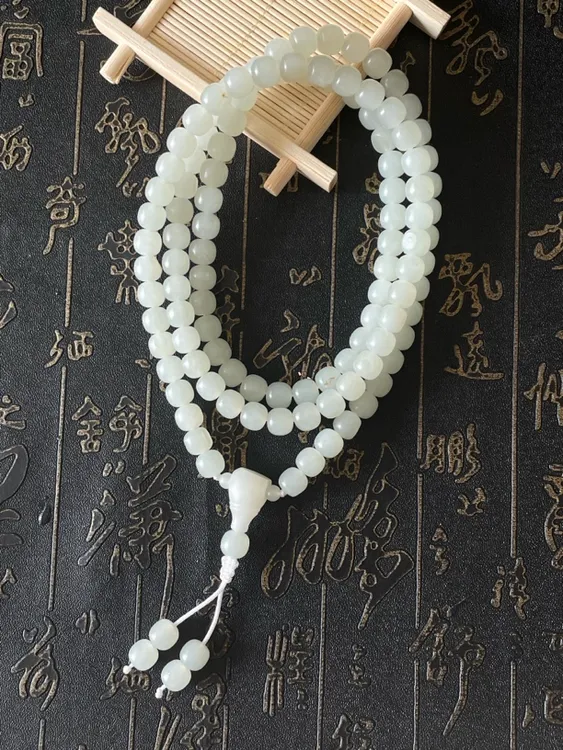 精品新疆和田玉白玉（留皮）108粒多圈手串项链念珠 玉质油润细腻