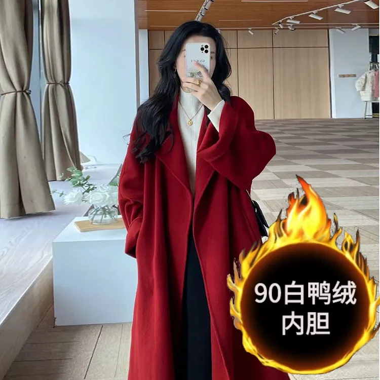 红色羽绒可拆卸内胆呢子大衣小个子秋冬新款加厚韩系双面毛呢外套