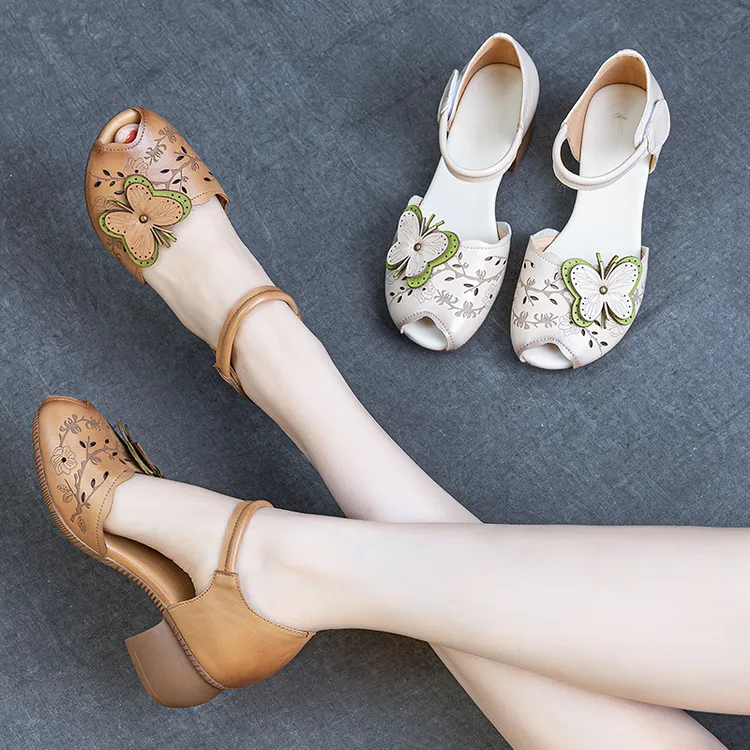 女镂空妈妈鞋中跟复古时装凉鞋时尚中老年鱼嘴鱼嘴鞋魔术贴