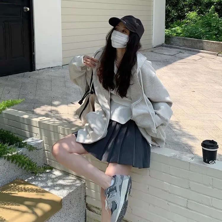 街头风慵懒风长袖卫衣春秋女拼接气质拉链连帽炸街