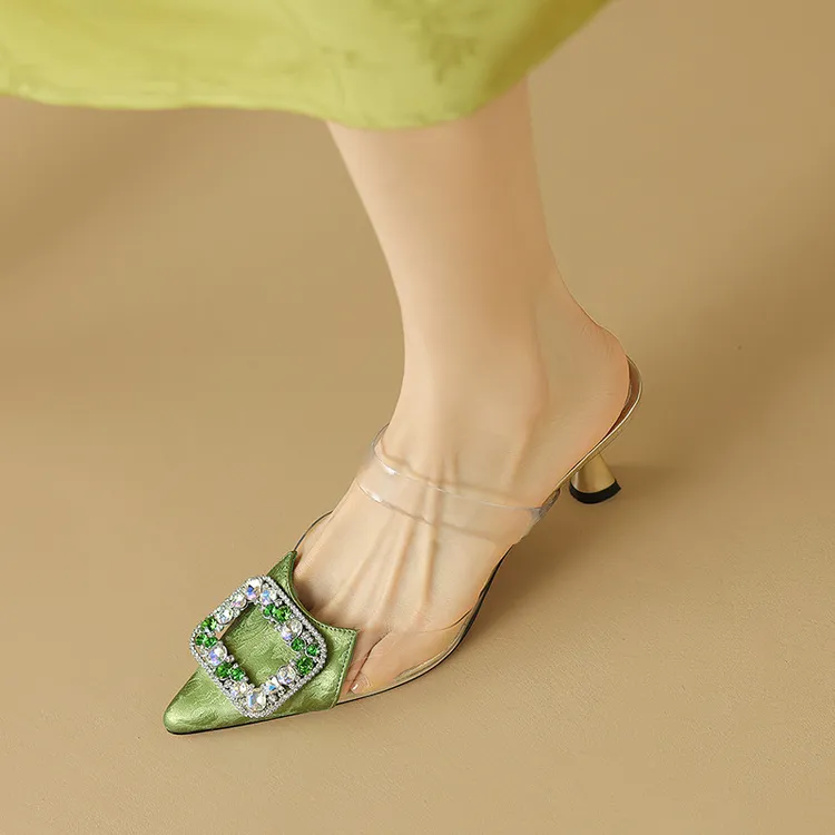 中式国风水钻方扣尖头半拖鞋女夏外穿气质水晶透明一字带穆勒凉鞋