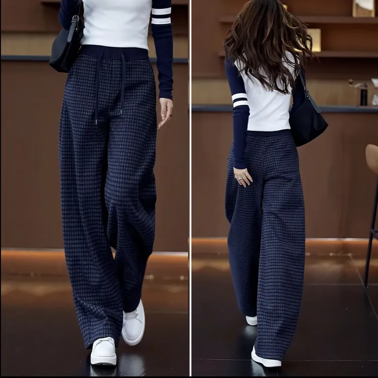 格子毛呢阔腿裤女2025秋冬新款高腰遮肉显瘦加绒加厚弯刀休闲裤子