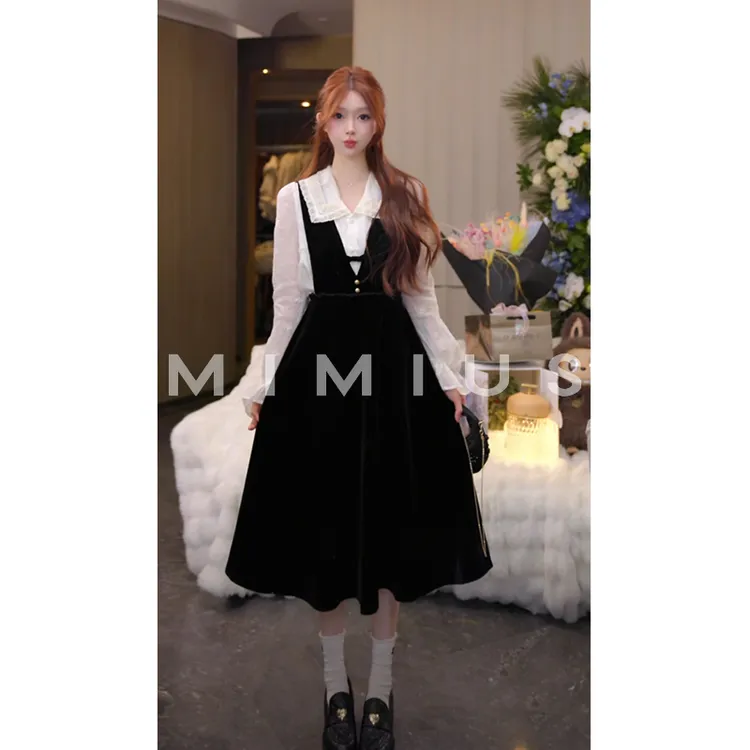 【mimius】P 26早春蕾丝翻领衬衫+背带丝绒裙 汉服 H01046