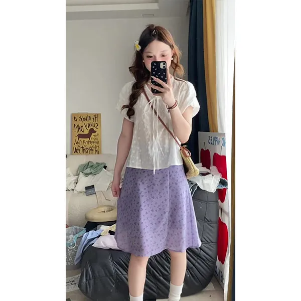 甜美风套装微透短袖衬衫女夏季高腰显瘦碎花半身裙两件套