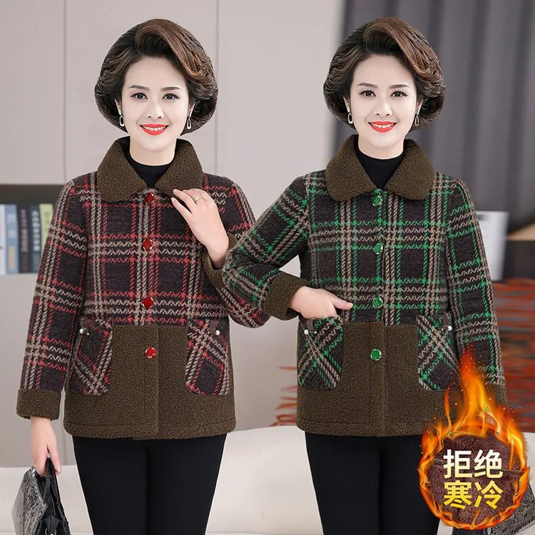 妈妈装时尚外套中老年装加绒加厚外套翻领秋冬格子休闲气质外套