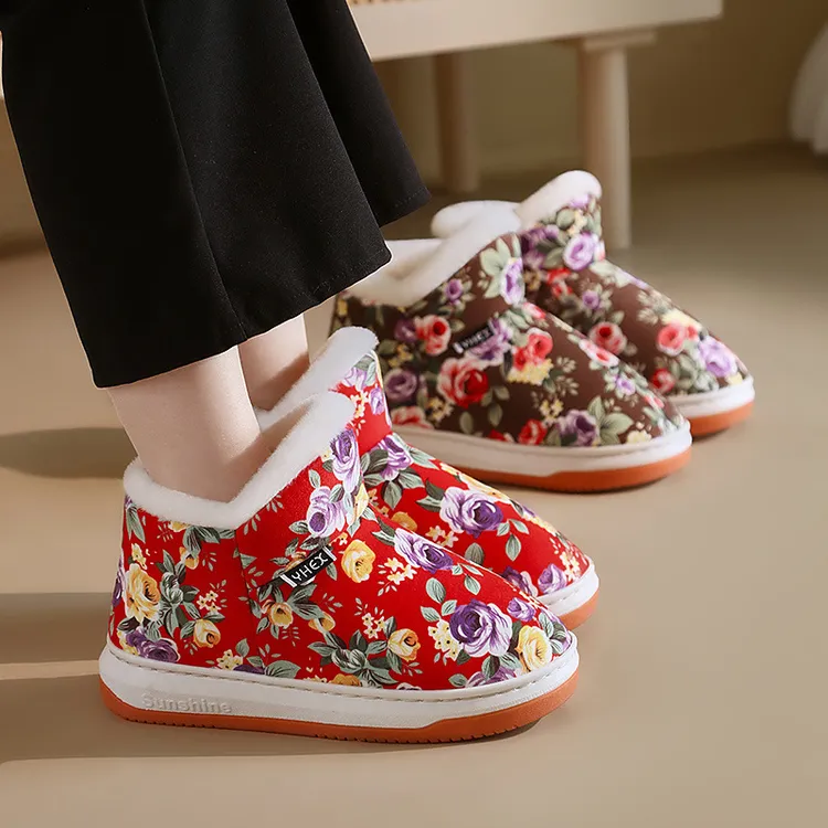 冬季保暖棉拖鞋高包跟女款厚底可外穿防滑妈妈鞋手工棉鞋中老年