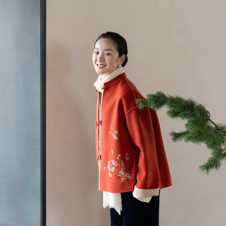牧衣游原创 手工刺绣进口双面呢外套喜庆红色复古新中式开衫 欢梦