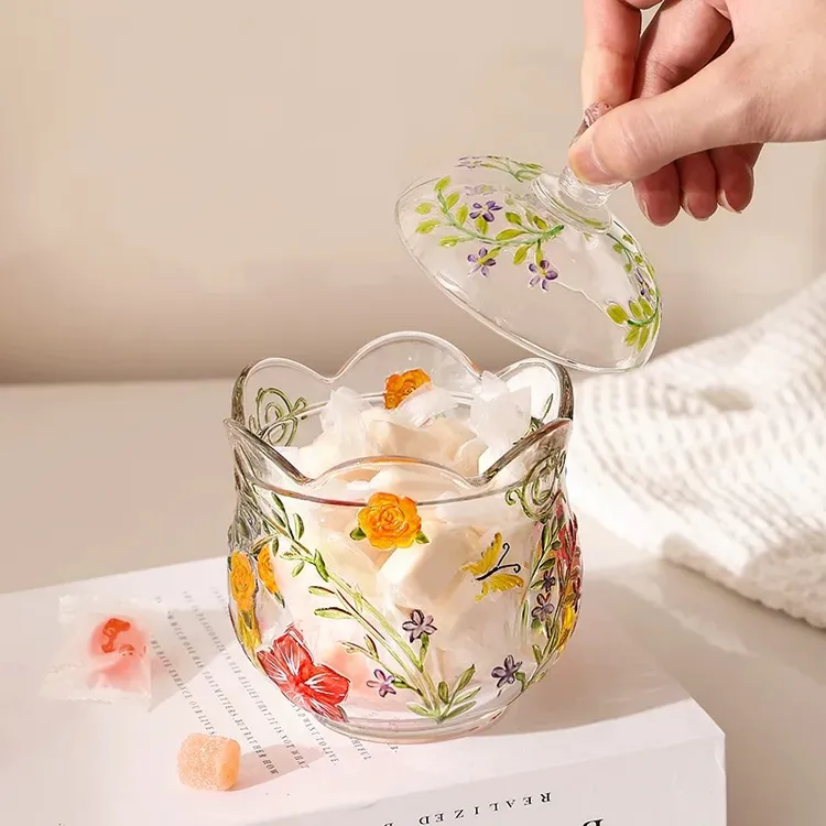 玫瑰花园复古糖果手柄款田园元素印花糖果罐手绘玻璃收纳