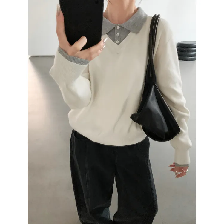 老钱风针织时尚假两件保暖高级感套头潮牌长袖POLO领针织衫G9-71