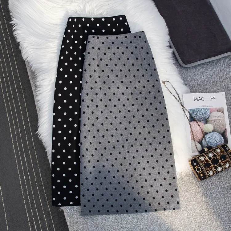 灰色波点半身裙女秋冬毛呢新款高腰开叉显廋直筒中长款A字包臀裙