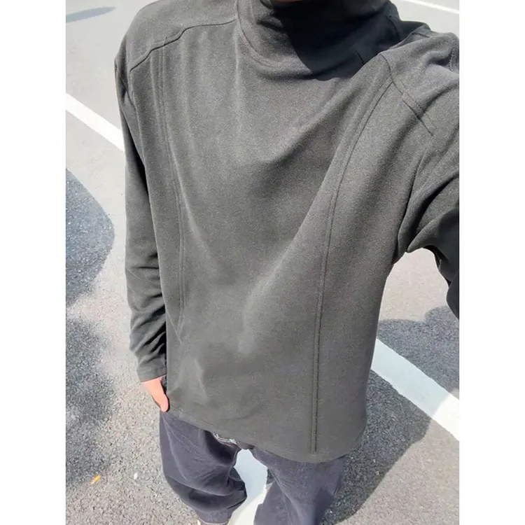 灰色解构半高领德绒打底衫男秋季显壮内搭长袖t恤高级感圆领卫衣