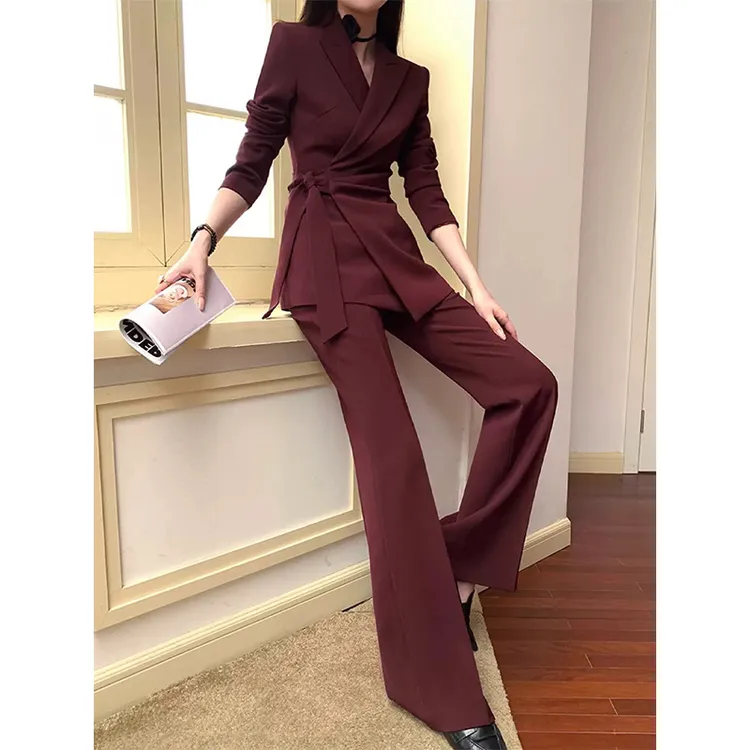 秋季新款大码女装红色西装套装胖mm高级感职业西服外套长裤两件套