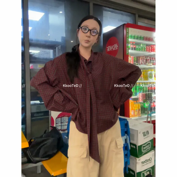 KkK【古早杂志#】｜廓形小众复古飘带红色格子衬衫衬衣