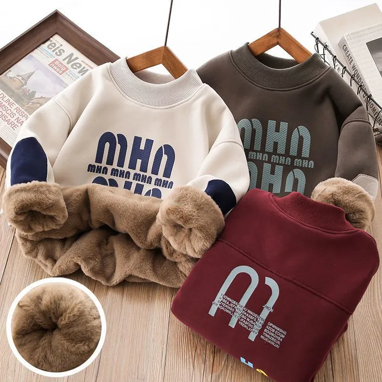 男童加绒卫衣冬季加厚仿兔绒打底衫中大休闲男孩儿童衣服秋冬款