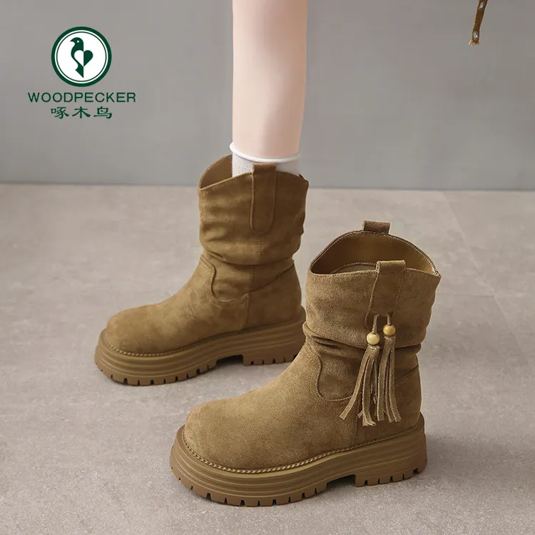 啄木鸟美拉德短靴女款秋季中跟马丁靴2025新款百搭绒面勃肯堆堆靴