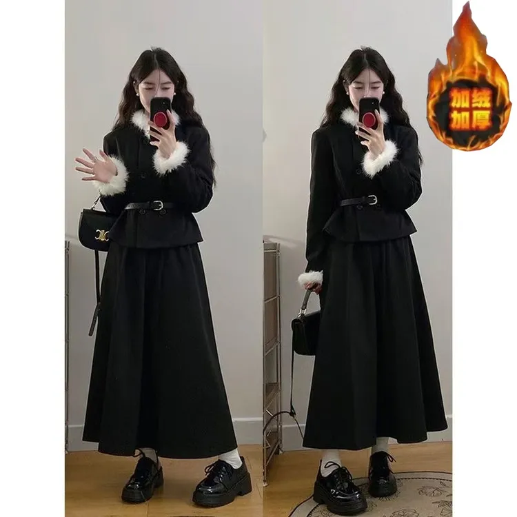 大码富家千金小香风加绒加厚套装女冬季高级感双排扣半身裙两件套