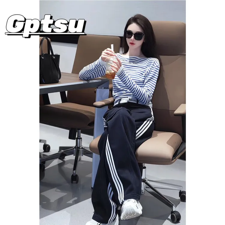 GPTSu2025春夏季款时尚优雅条纹长袖上衣高腰窄阔腿休闲裤两件套