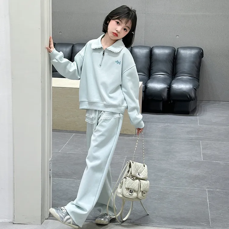 女童春秋款时尚休闲运动两件套2025翻领套装纯色卫衣韩版大童百搭