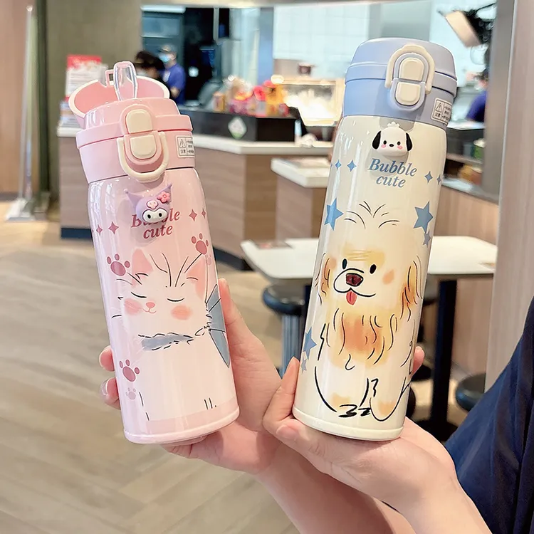 吸管杯女可爱学生上学专用水杯高颜值新款卡通便携细长男孩双饮杯