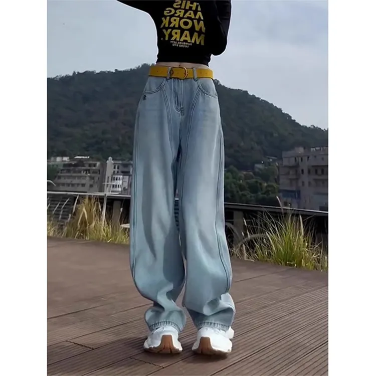 时尚宽松阔腿牛仔裤女春季大码梨型身材高腰遮胯显瘦弯刀拖地裤子