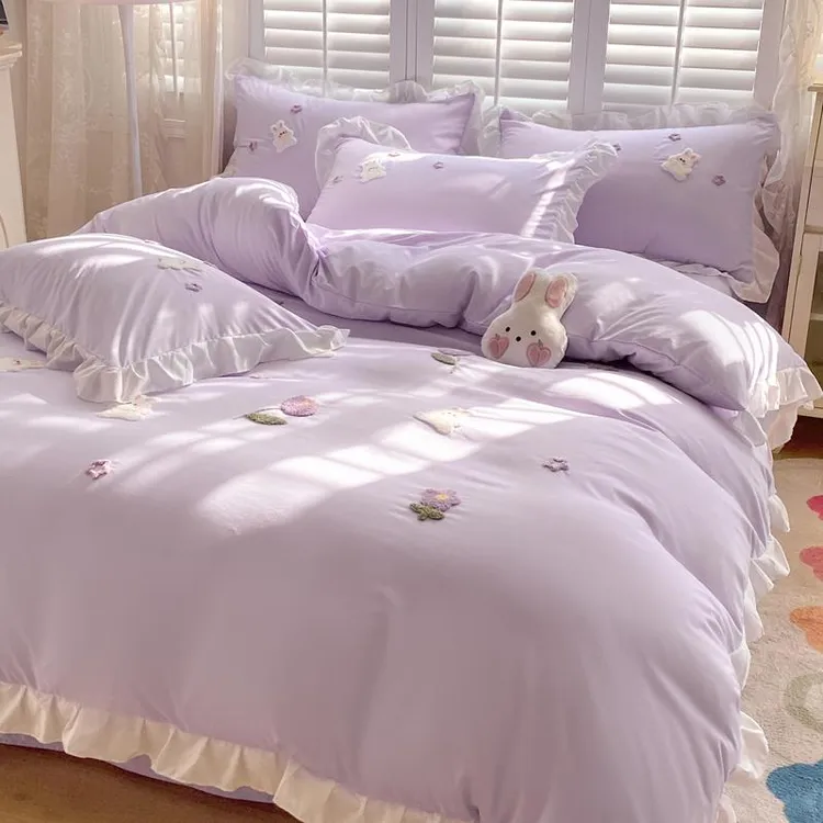 水星家纺适用公主风纯棉水洗棉毛巾绣四件套少女心裸睡全棉三件套