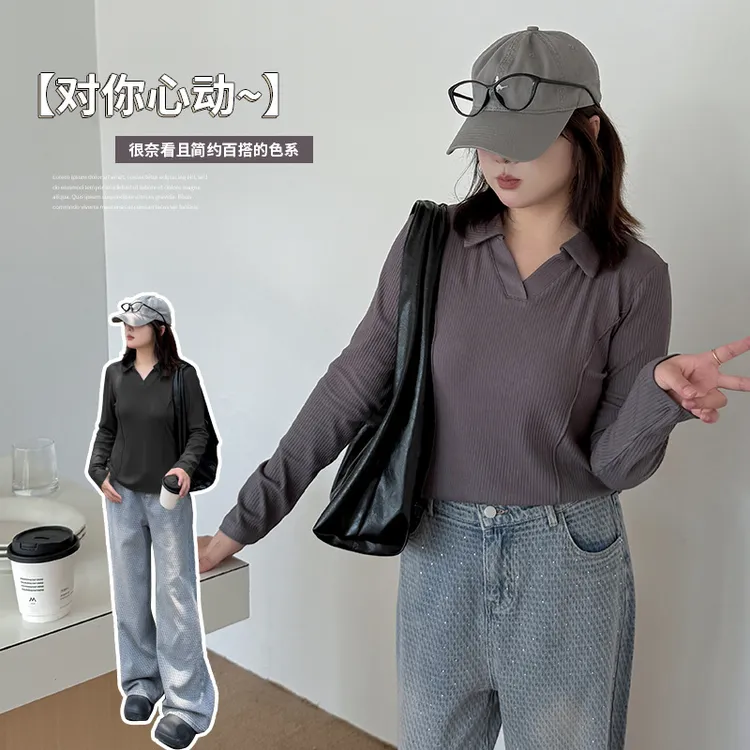 伊诺大码女装通勤简约长袖T恤2025秋季新款套头polo领上衣313112