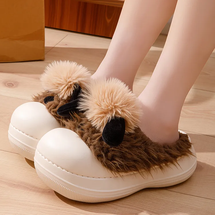 可爱狗狗棉拖鞋女室内宿舍网红厚底高跟拖鞋冬季加绒保暖防滑外穿