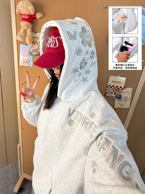 VThree帽子花卉刺绣连帽袖袋卫衣男女款秋冬宽松帽衫美式情侣外套