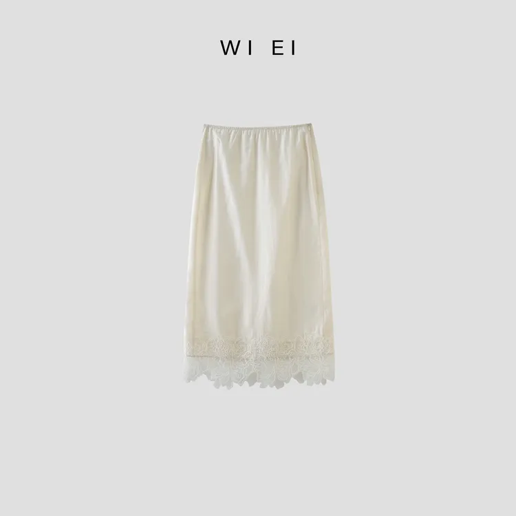 《WI EI》花边裙*亚麻莱赛尔醋酯浮雕缎肌理拼接蕾丝半裙25237