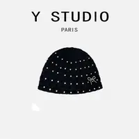 Y.STUDIO【诺曼】早秋欧式镂空针织混纺包头帽手工珍珠蝴蝶结冷帽