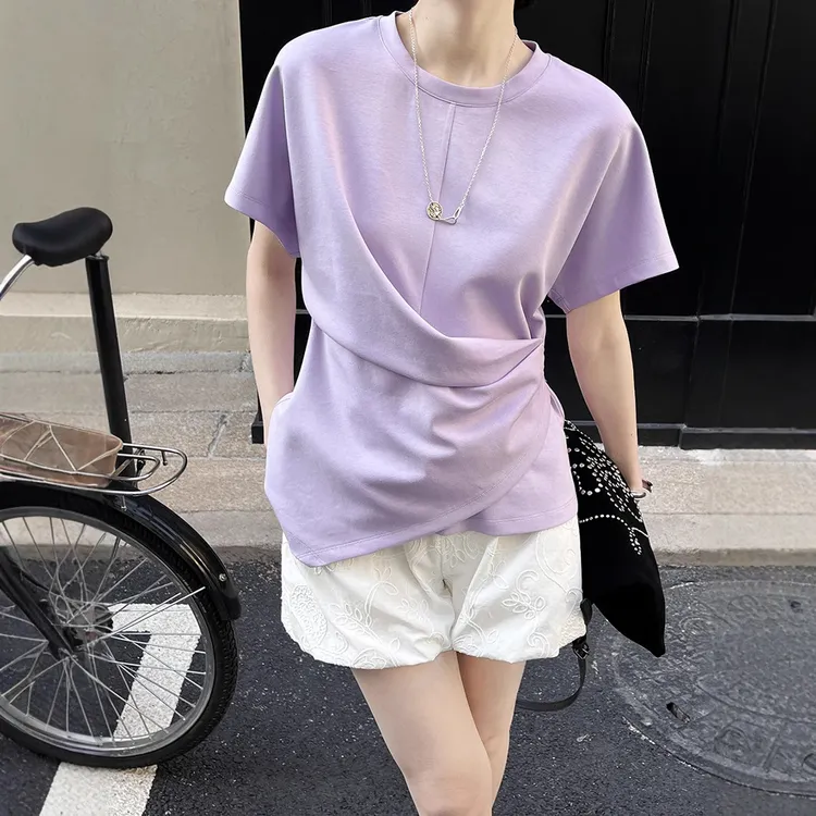 夏上新法式收腰捏褶空气层不规则圆领正肩短袖T恤t恤 十三行女