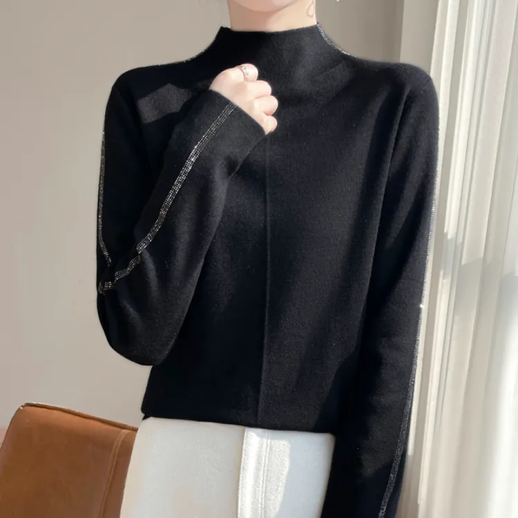 毛衣女爆款纯100羊毛衫烫钻针织衫毛衣显瘦新款舒适轻奢打底衫女