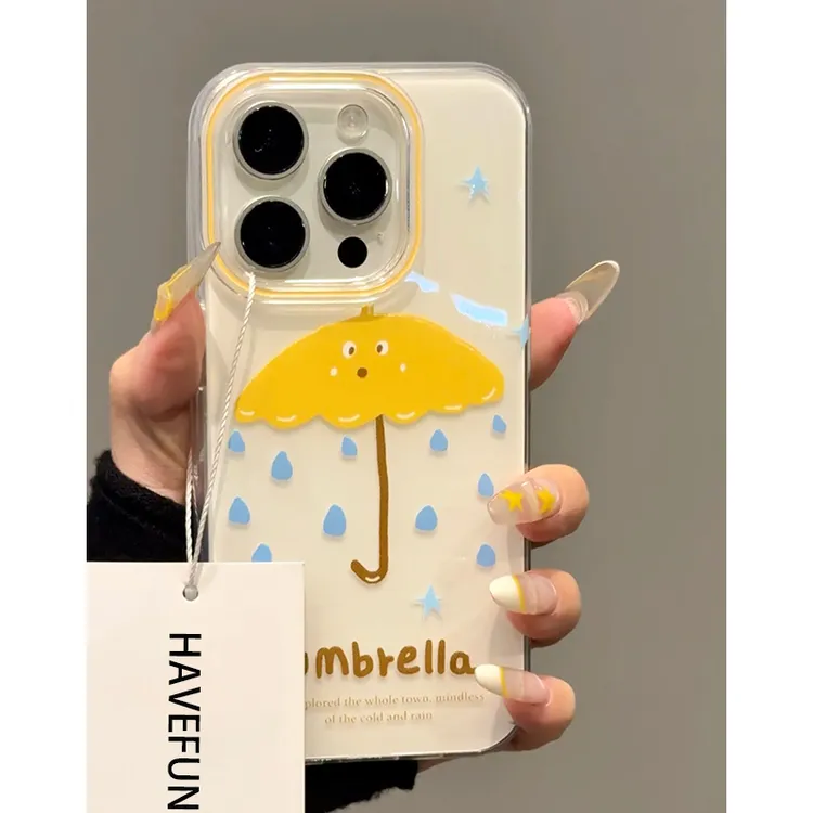 雅天立可爱涂鸦黄色雨伞适用iPhone16手机壳1315华为vivo小米oppo