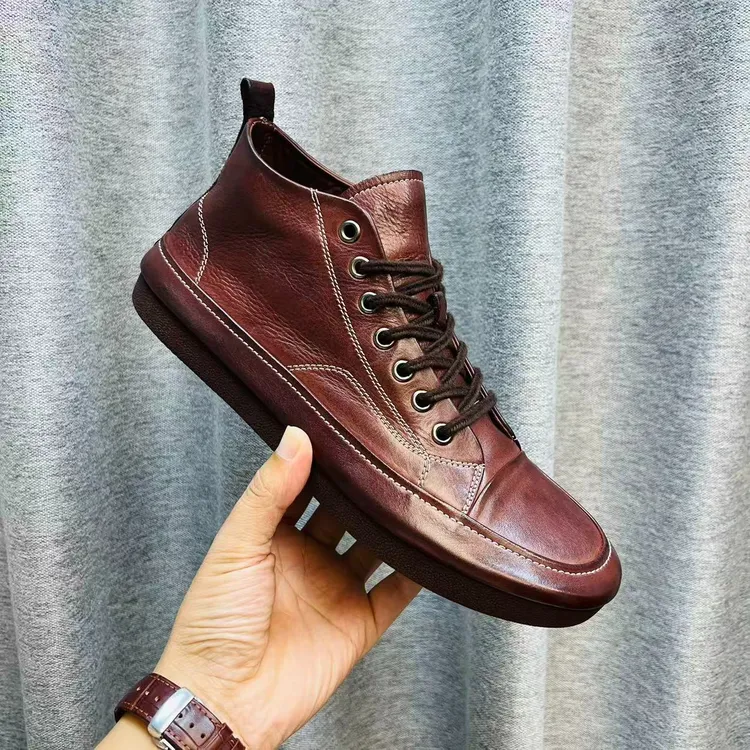 秋季高帮马皮固特异商务复古做旧乐福鞋系带一脚蹬男士休闲鞋