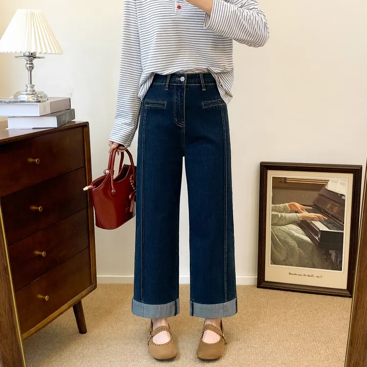 复古蓝直筒牛仔裤女秋季新款胖妹妹mm梨形身材弹力显瘦卷边阔腿裤