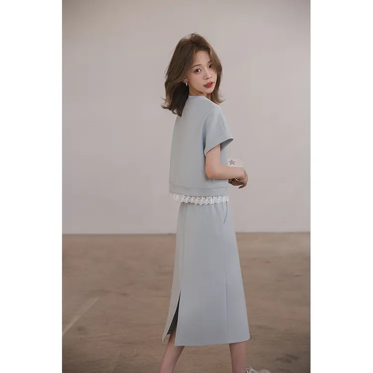 【季末折扣】小谷粒放空套装知性风蕾丝短袖半身裙套装