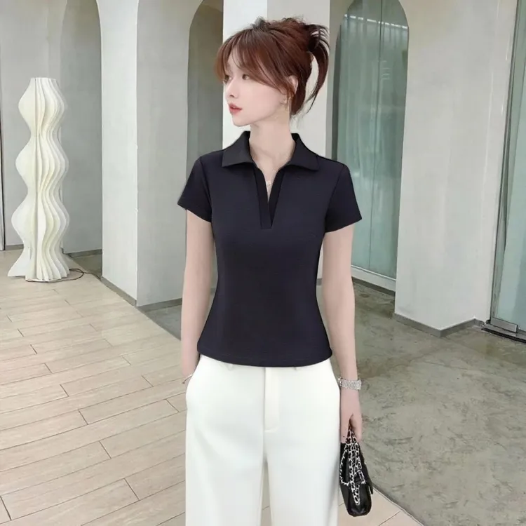 黑色气质polo领正肩短袖t恤女夏设计感小众洋气百搭修身翻领上衣