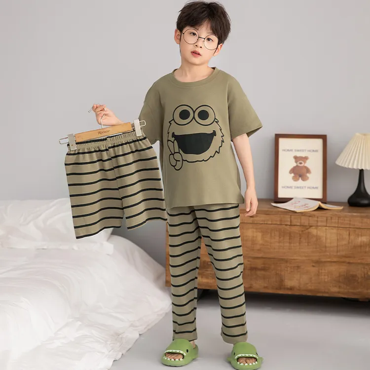 春夏季男童短袖短长裤纯棉三件套睡衣空调服青少年儿童卡通家居服