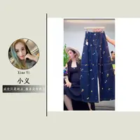 【2655】格#重工刺绣高腰宽松牛仔裤