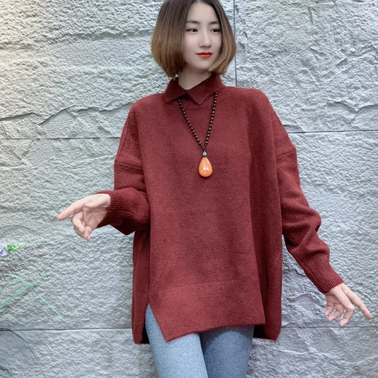 YXR2890秋冬新款小翻领毛衣宽松休闲大版中长款潮流百搭