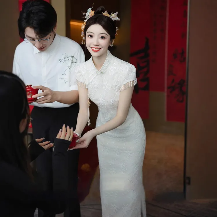 白色国风重工旗袍礼服订婚中式国风女装2025新款爆款小个子敬酒服