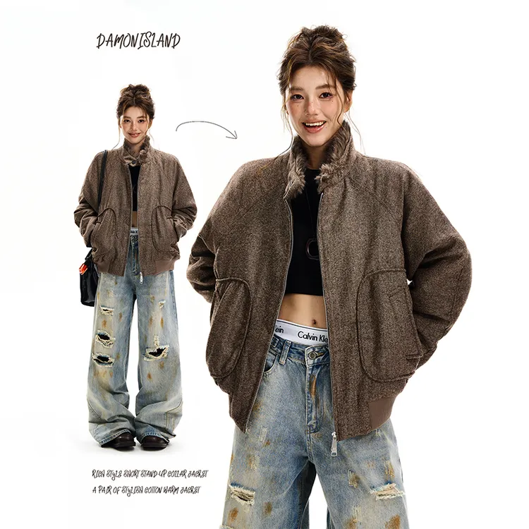 达蒙岛冬季美拉德座山雕毛领棉服外套女加厚复古休闲毛呢夹克棉衣