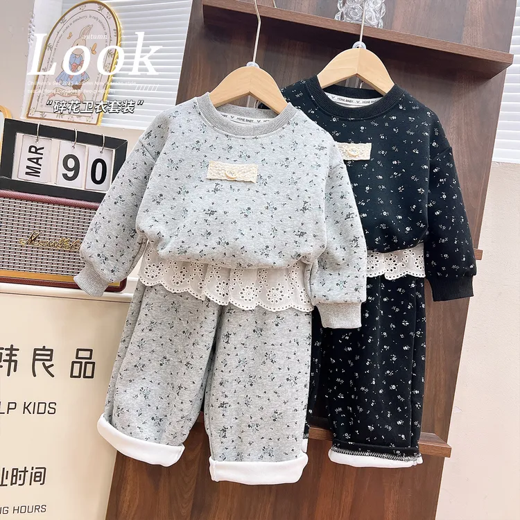 韩韩良品中大童棉质套装2025秋季新款韩版碎花卫衣屁帘卫裤两件套