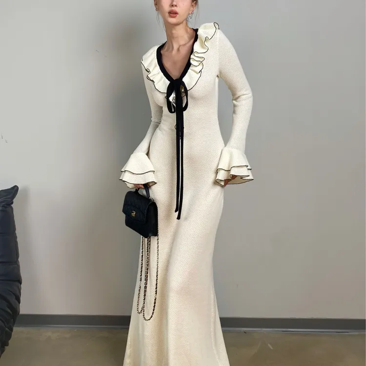 JQWENTION 2025AW''贵女‘’白月光黑白撞色长袖连衣裙