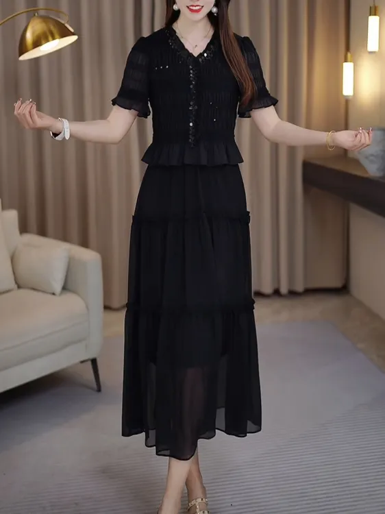 【连衣裙】2025夏季新款优雅新款气质时尚大气休闲收腰连衣裙25593