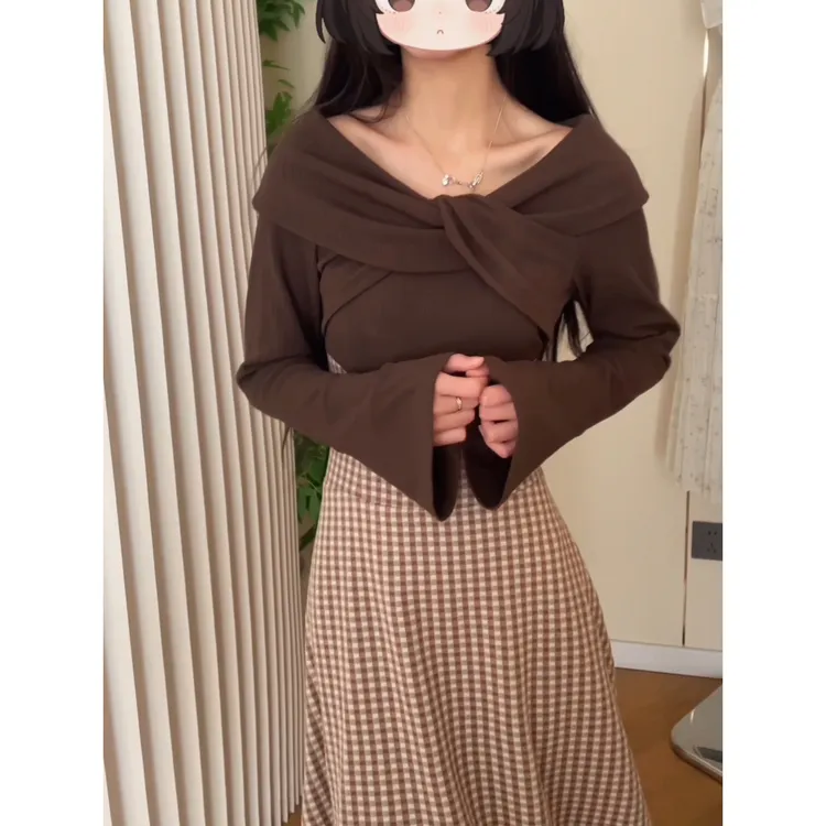 樱花妹妹 清楚系掐腰裙！扭结一字肩格纹绑带前短后长连衣裙.