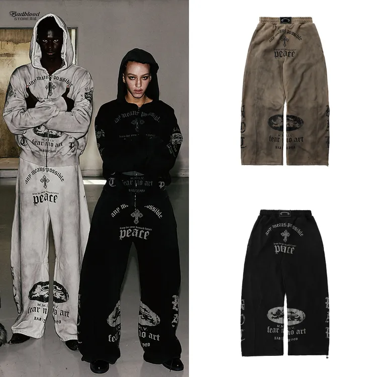 badblood美式做旧印花卫裤男女同款宽松休闲弯刀裤运动扎染阔腿裤