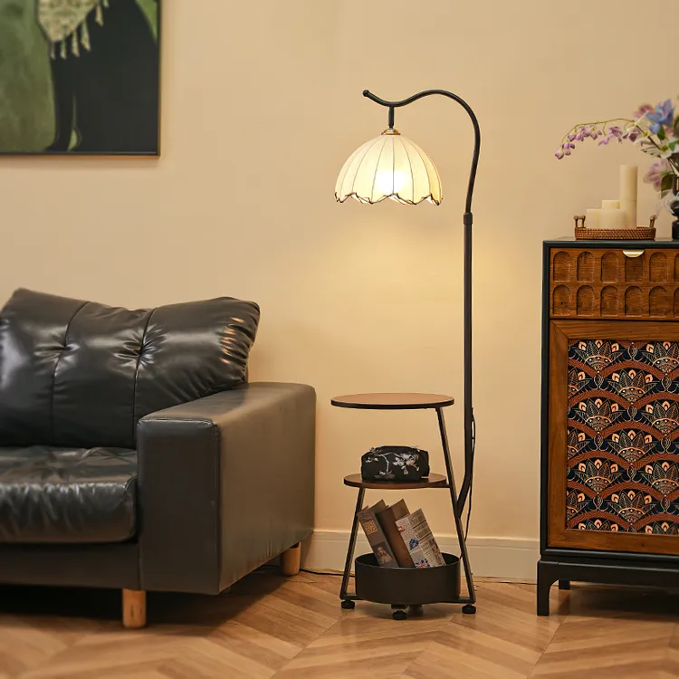 中古风落地灯客厅沙发边几法式复古床头柜置物架一体卧室立式台灯