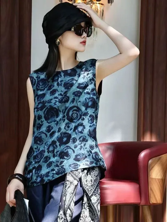 【蓝色玫瑰】印花背心外穿夏季时尚轻奢圆领无袖上衣